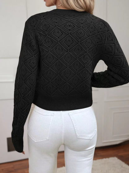 Openwork Button Up Long Sleeve Cardigan