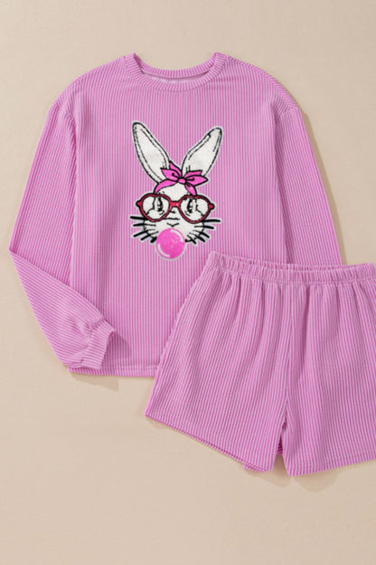 Bubble Gum Rabbit Sequin Corded Rib Top and Shorts Set