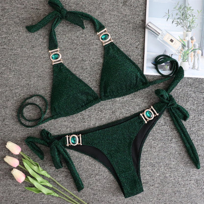 Sexy Shiny Special Fabric Swimsuit Crystal Diamond Bikini Gold Strap Women Swimsuit Shiny Green