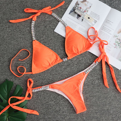 Solid Color Sexy Lace Up Swimsuit Luxury Rhinestone Swimsuit Bikini Orange