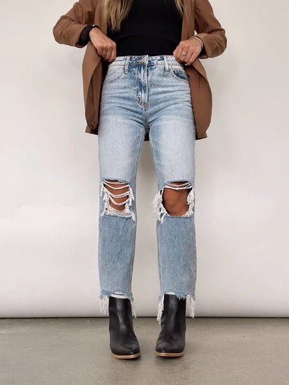 Women Retro High Waist Ripped Straight Jeans Light Blue