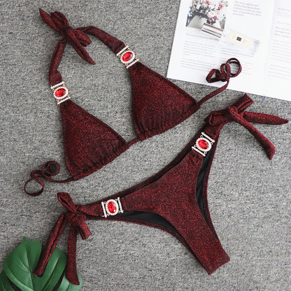 Sexy Shiny Special Fabric Swimsuit Crystal Diamond Bikini Gold Strap Women Swimsuit L Red