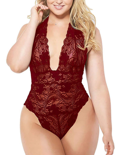 Plus Size Sexy Lingerie Women Lace Sexy Jumpsuit One-Piece Pajamas Nightdress Sexy Lingerie Burgundy