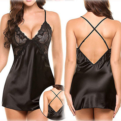 Sexy Lingerie Sexy Imitation Ice Silk Back Criss Cross Slip Nightdress Sexy