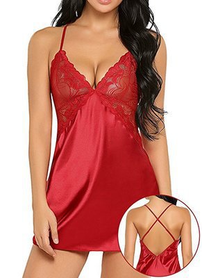 Sexy Lingerie Sexy Imitation Ice Silk Back Criss Cross Slip Nightdress Sexy Red