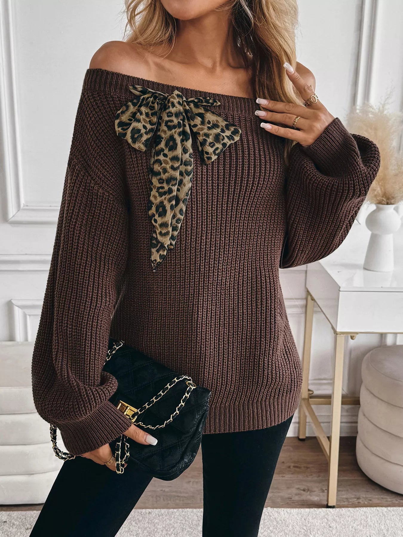 Leopard Bow Dropped Shoulder Sweater