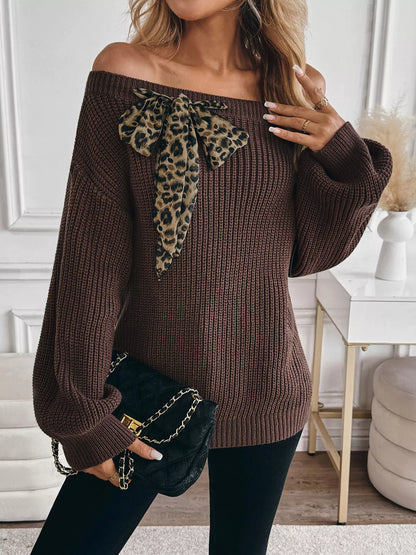 Leopard Bow Dropped Shoulder Sweater