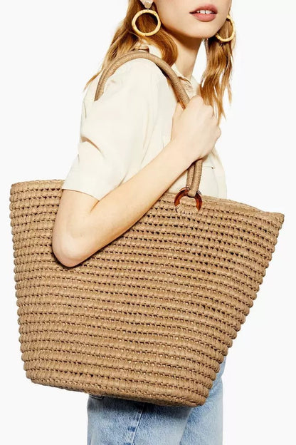 Straw Bag Simple Straw Bag Shoulder Portable Large Capacity Women Bag Summer Vacation Beach Bag Woven Bag One Size Brown