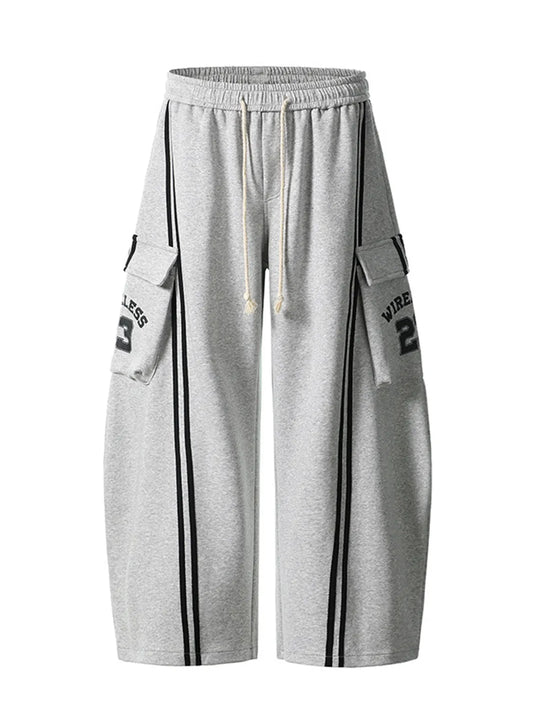 Drawstring Side Striped Wide Leg Pants Light Gray