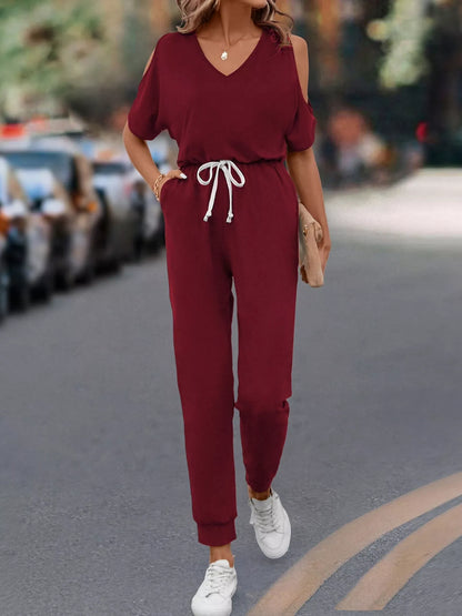 Cold Shoulder V-Neck Drawstring Waist Jumpsuit Burgundy