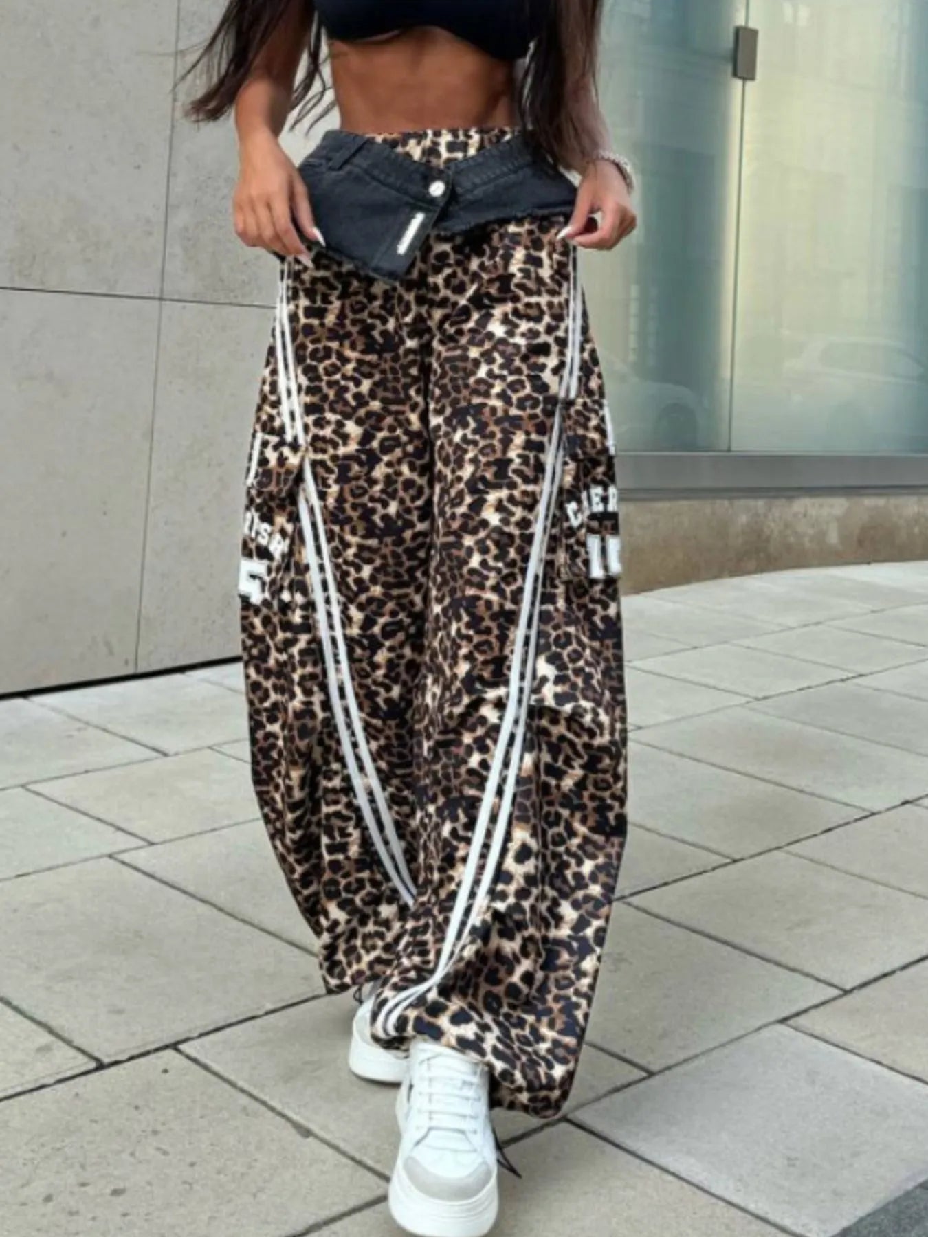 Leopard Print Wide Leg Pants with Side Stripe Detail Leopard