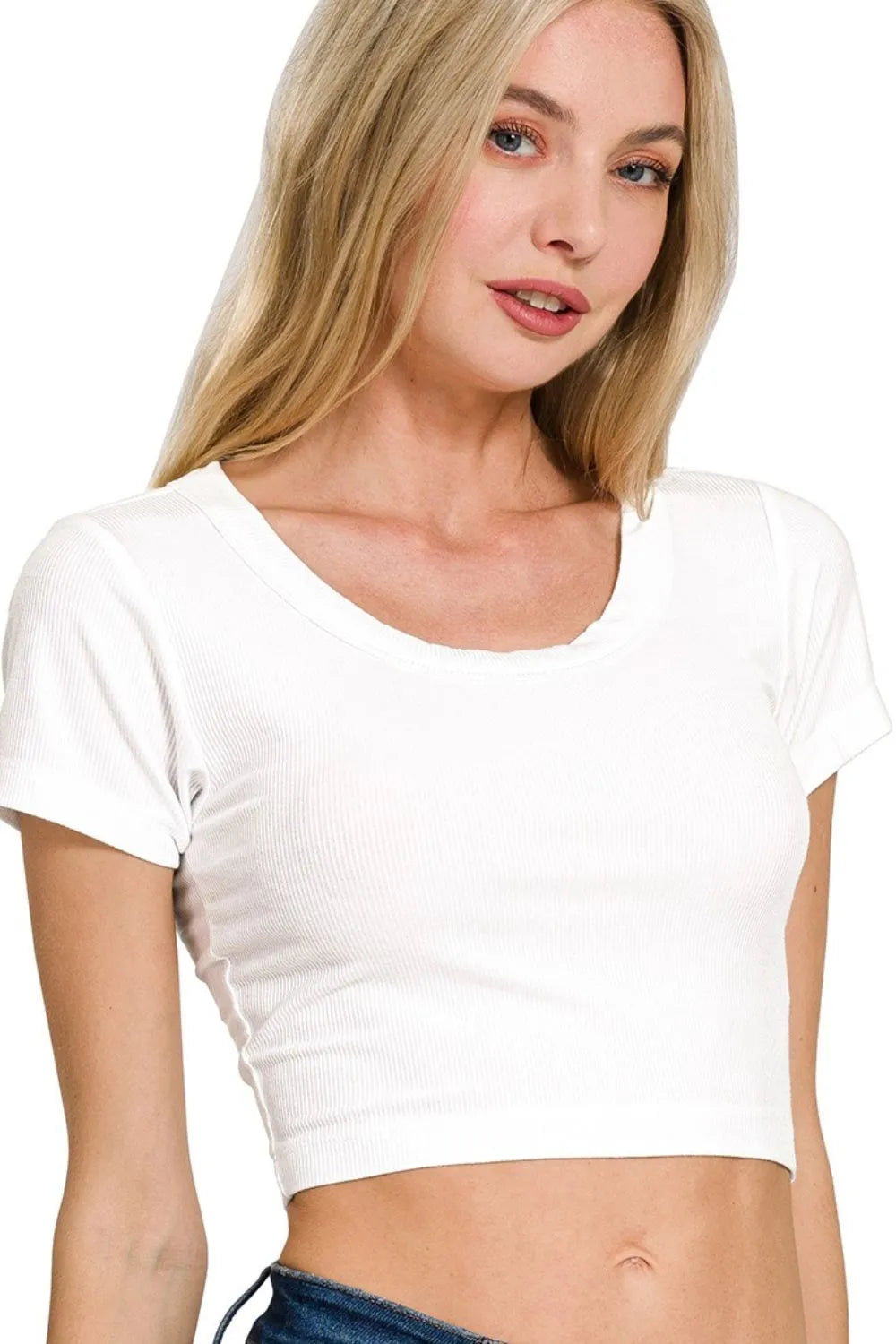 Zenana Ribbed Scoop Neck Crop Short Sleeve Top WHITE