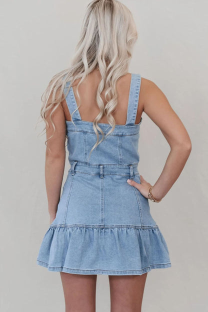 Ruffled Hem Button Front Square Neck Denim Dress
