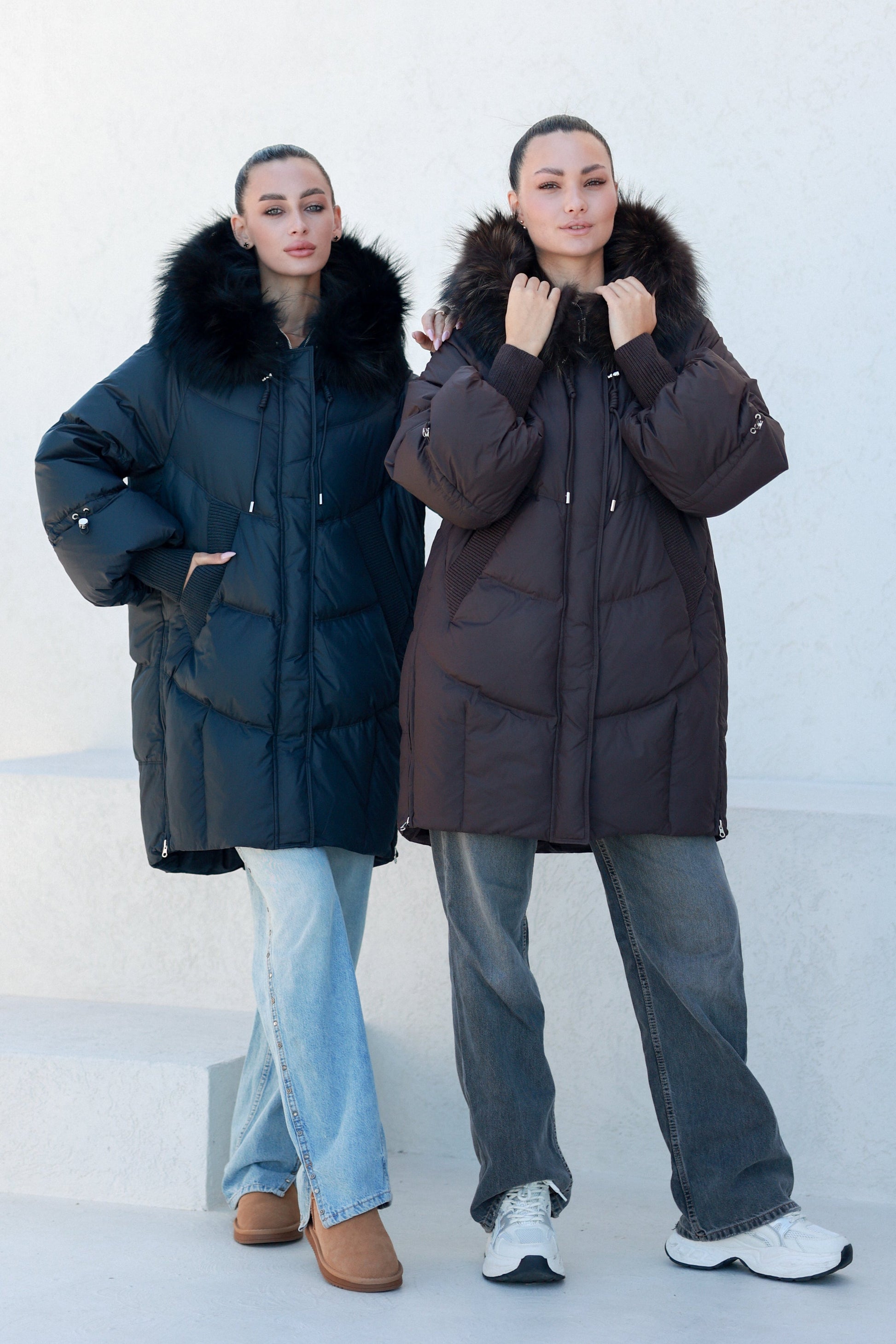 Celeste Genuine Fur Trim Down Fill Coat in Black