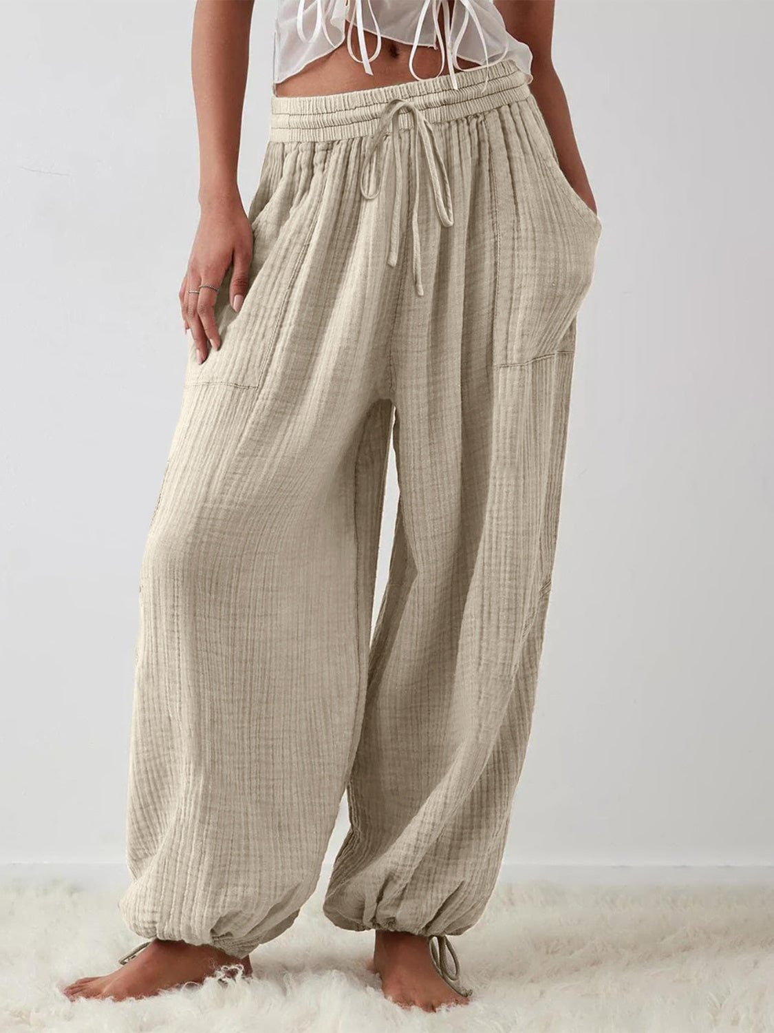 Textured Tied Pants with Pockets Khaki