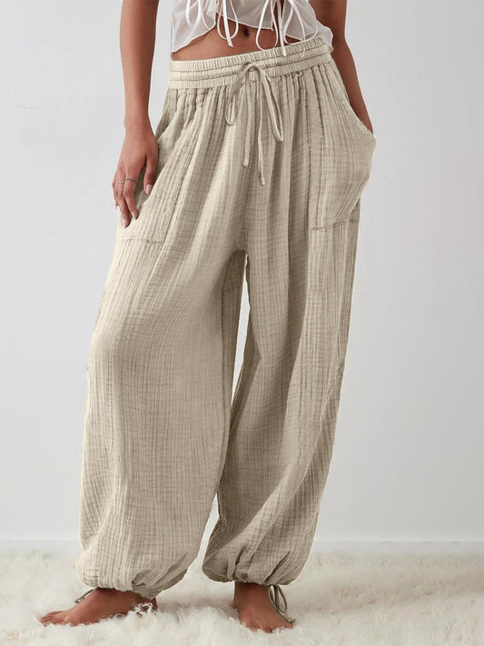 Textured Tied Pants with Pockets Khaki