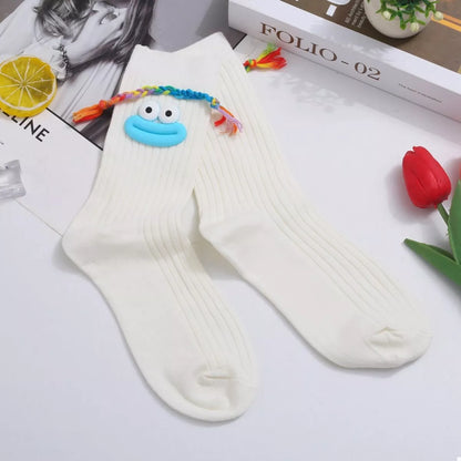 Cartoon Ribbed Knit Crew Socks White D One Size