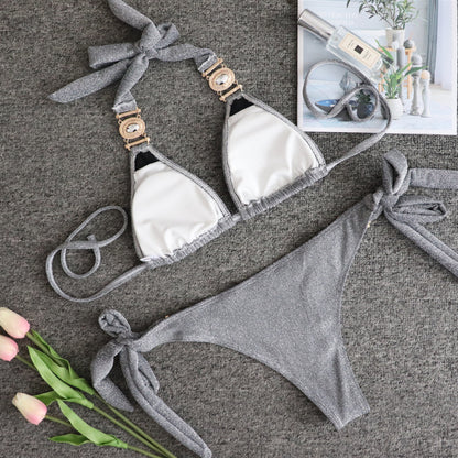 Sexy Shiny Special Fabric Swimsuit Crystal Diamond Bikini Gold Strap Women Swimsuit