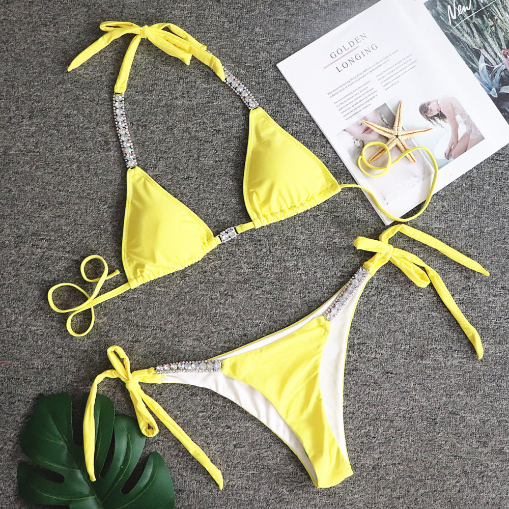 Solid Color Sexy Lace Up Swimsuit Luxury Rhinestone Swimsuit Bikini Yellow