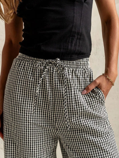 Gingham Print Wide Leg Casual Pants