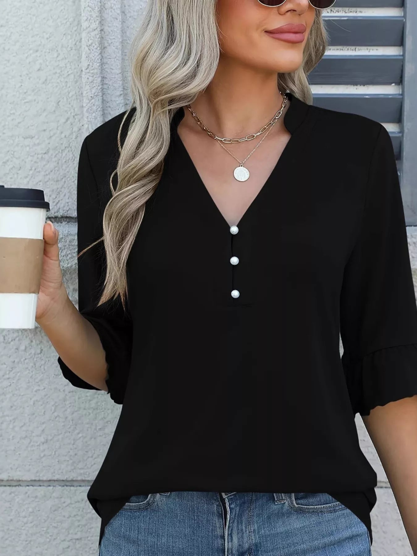 Full Size Notched Flounce Sleeve Blouse Plus Size Black