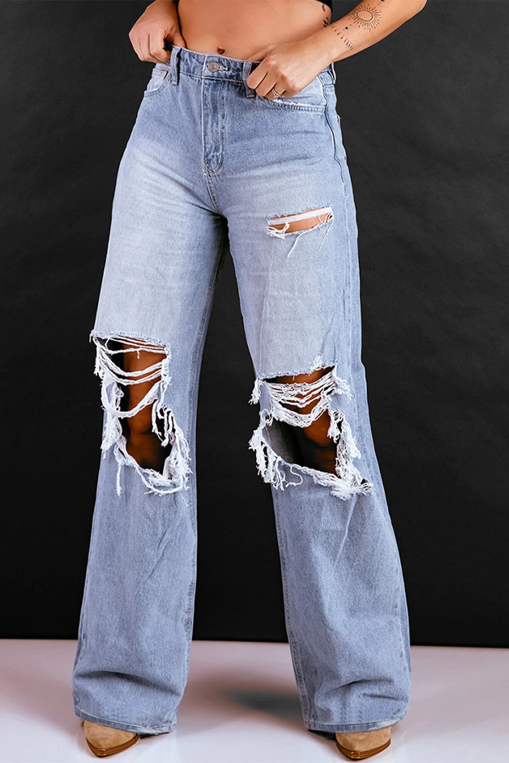 Women Loose Retro High Waist Ripped Wide Legged Jeans Light Blue