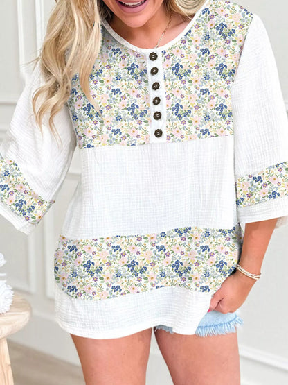 Floral Print Henley Button 3/4 Sleeve Blouse Dusty Blue