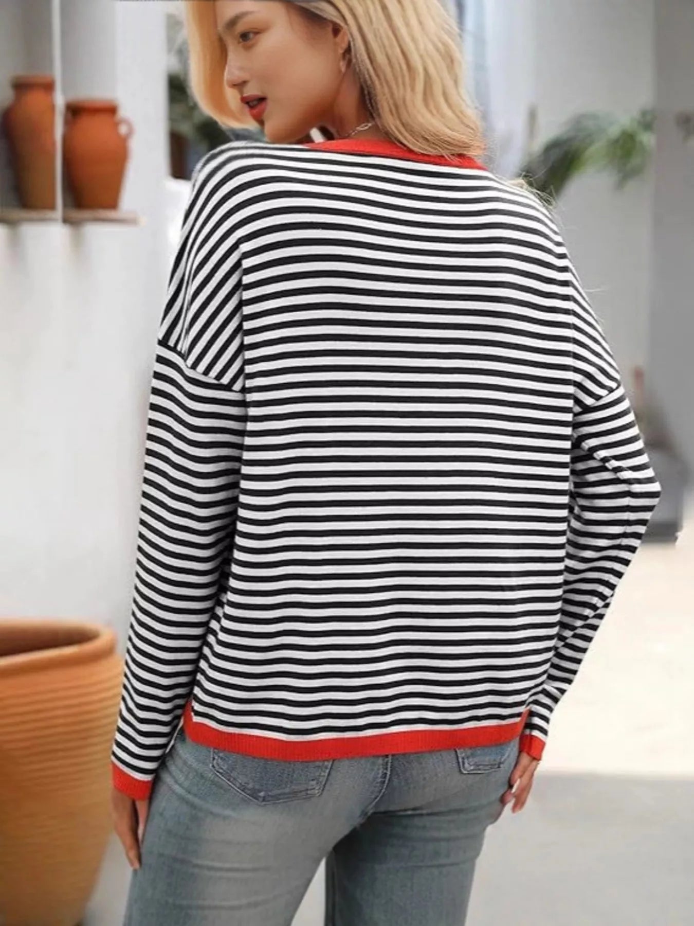 Plus Size Contrast Striped Long Sleeve Sweater