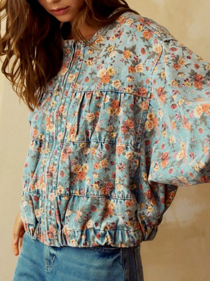 Floral Print Zip Up Cropped Denim Jacket