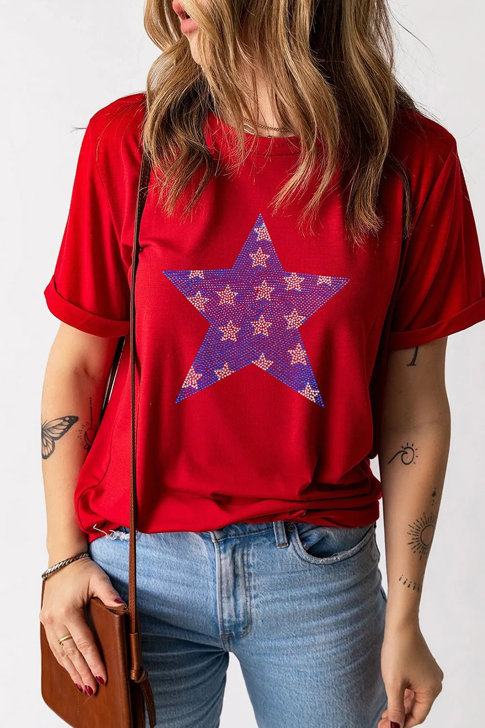 Patriotic Star Round Neck T-Shirt Deep Red