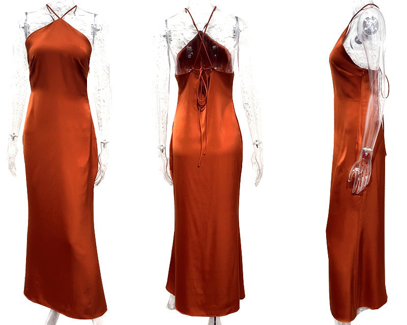 Women Dress Solid Color Slim Fit Backless Halter Tight Dress