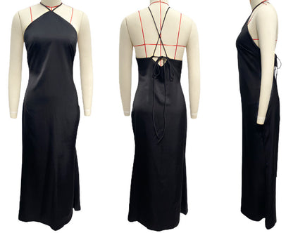 Women Dress Solid Color Slim Fit Backless Halter Tight Dress