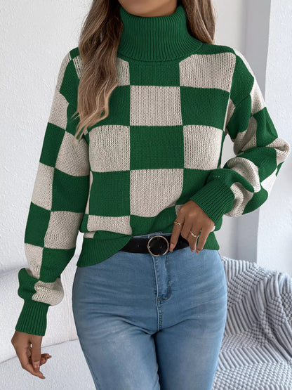 Checkered Turtleneck Long Sleeve Sweater