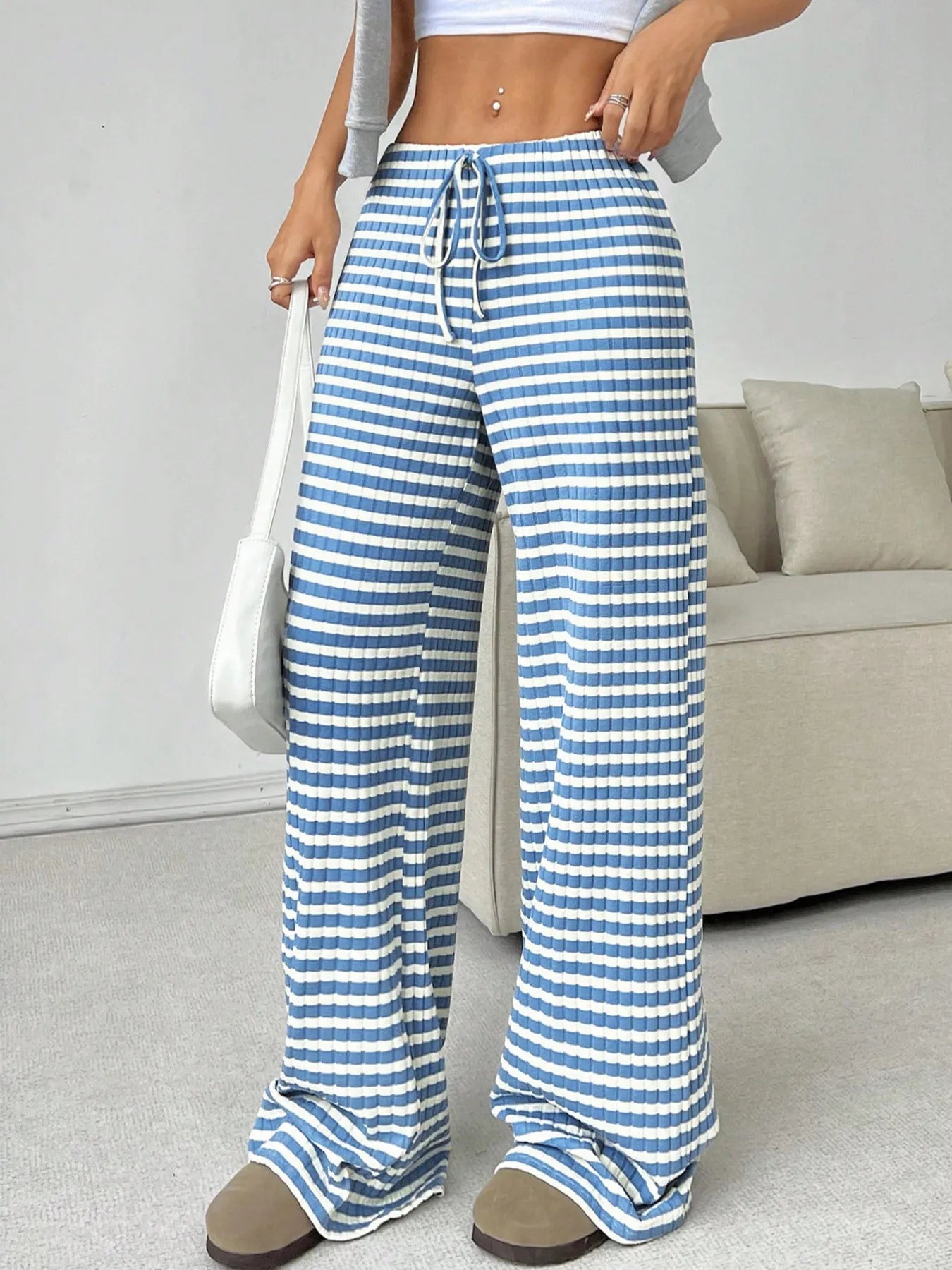 Striped Wide Leg Drawstring Pants Cerulean