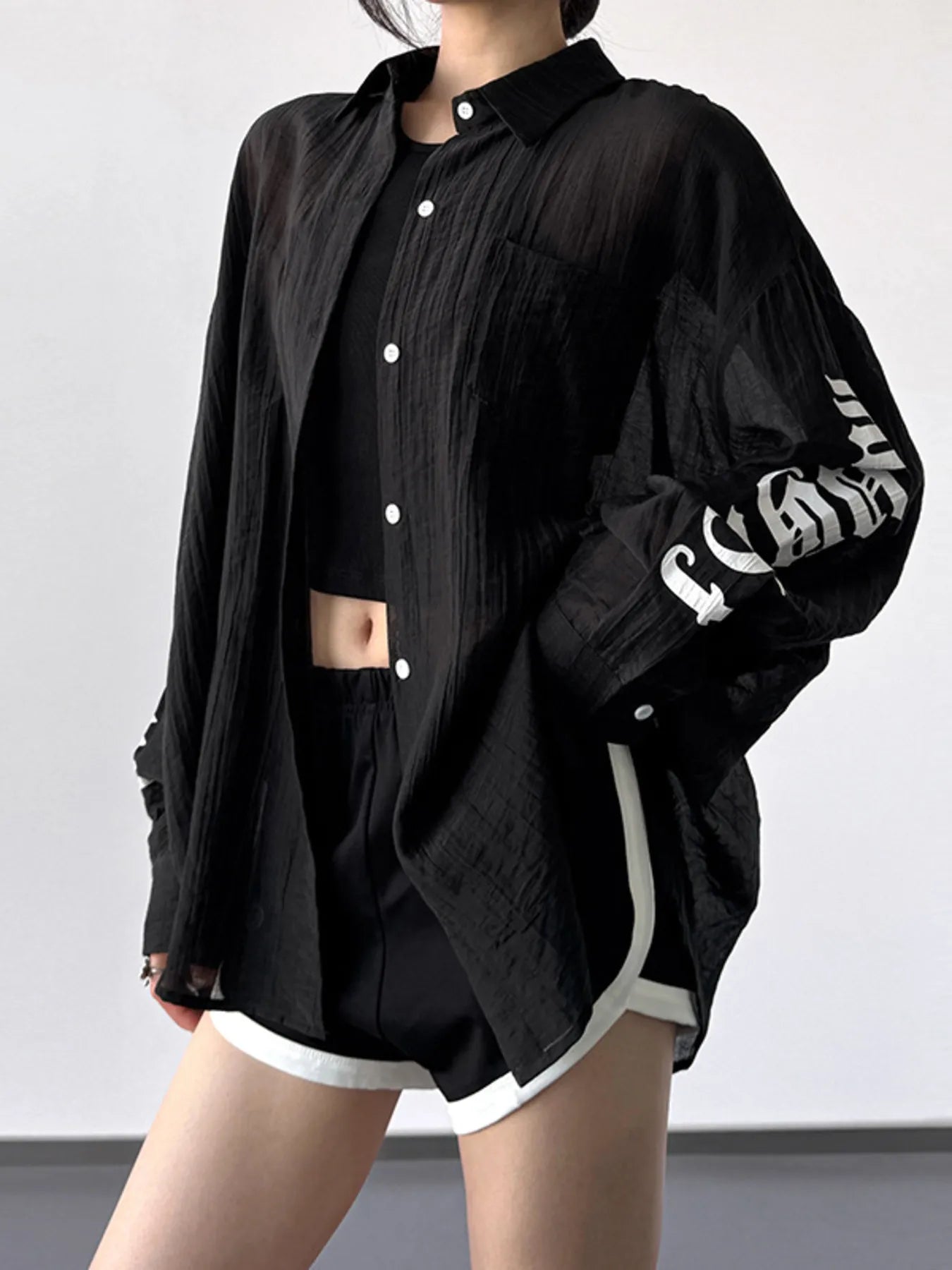 Button-Up Long Sleeve Oversized Shirt Black