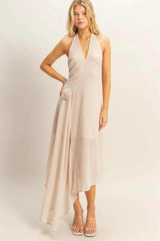 HYFVE Chiffon Halter Asymmetrical Hem Dress CHAMPAGNE