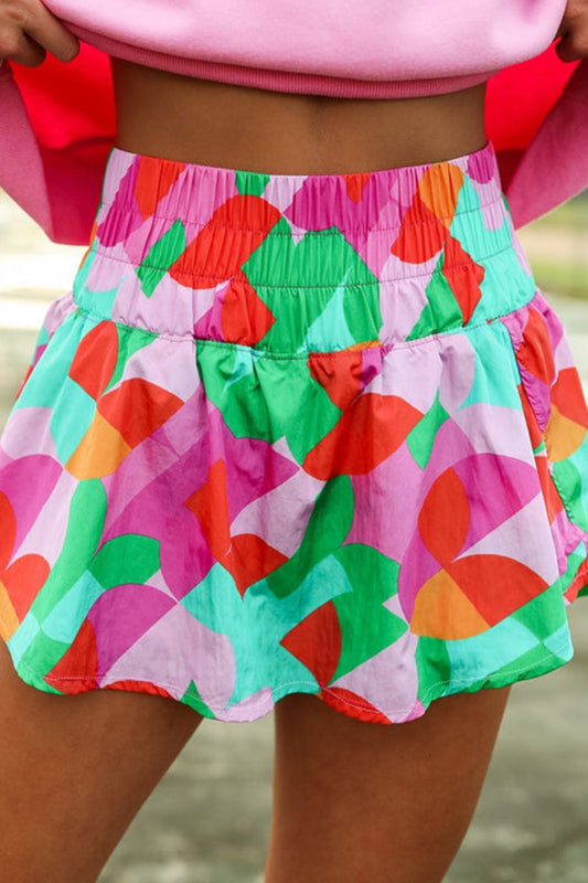 Smocked Contrast Print High Waist Skort Green