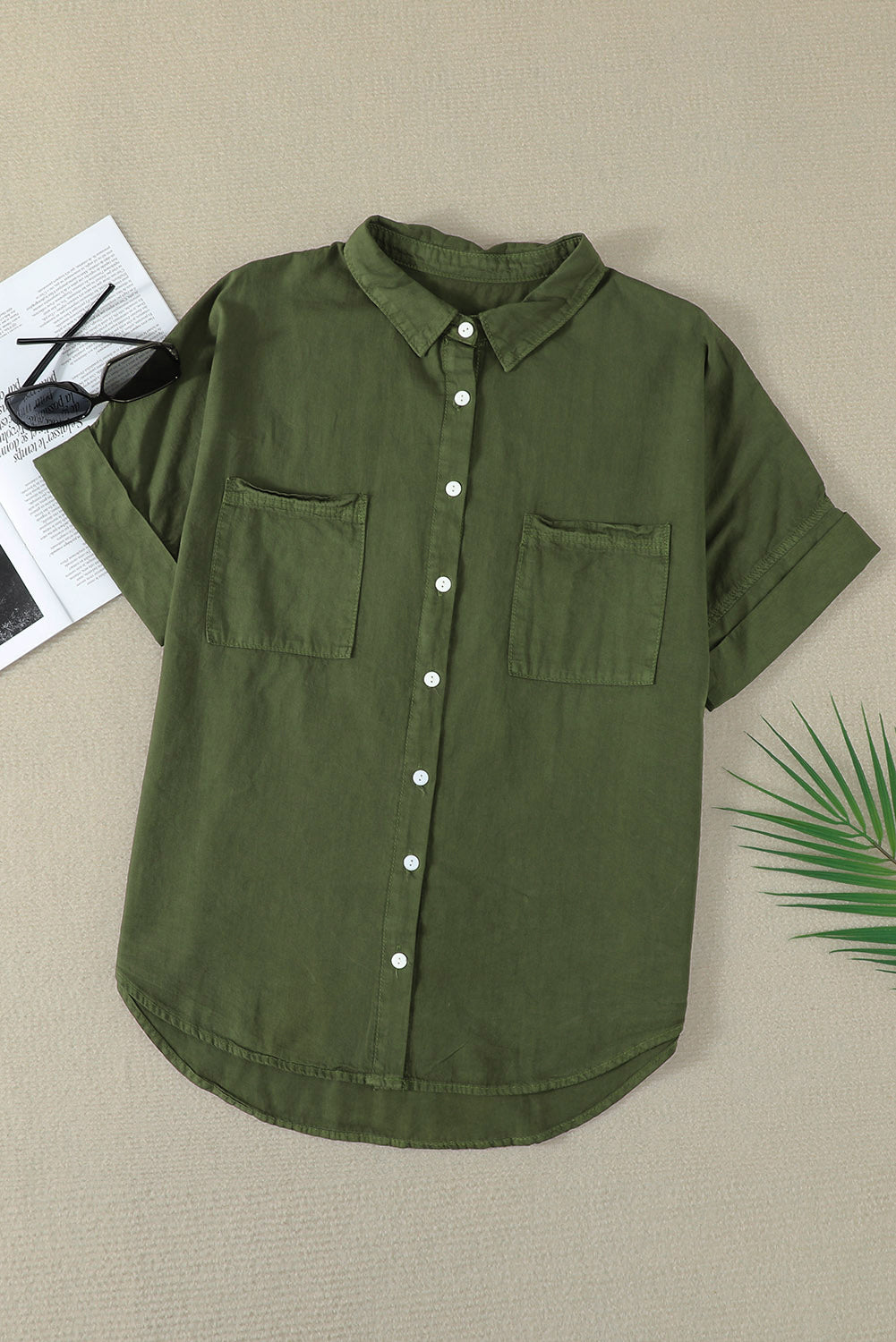 Pocketed Button Up Short Sleeve Denim Shirt Army Green