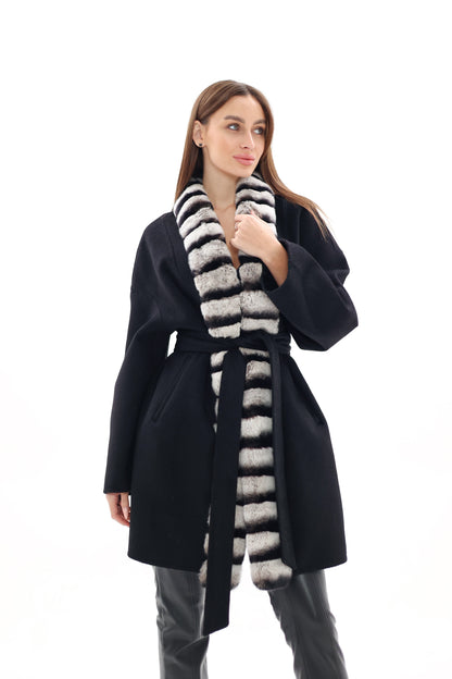 Genuine French Orylag Fur Italian Cashmere Wool Coat 85cm