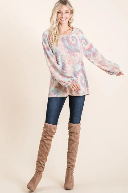 BiBi Brushed Tie Dye Print Top with Puff Sleeves