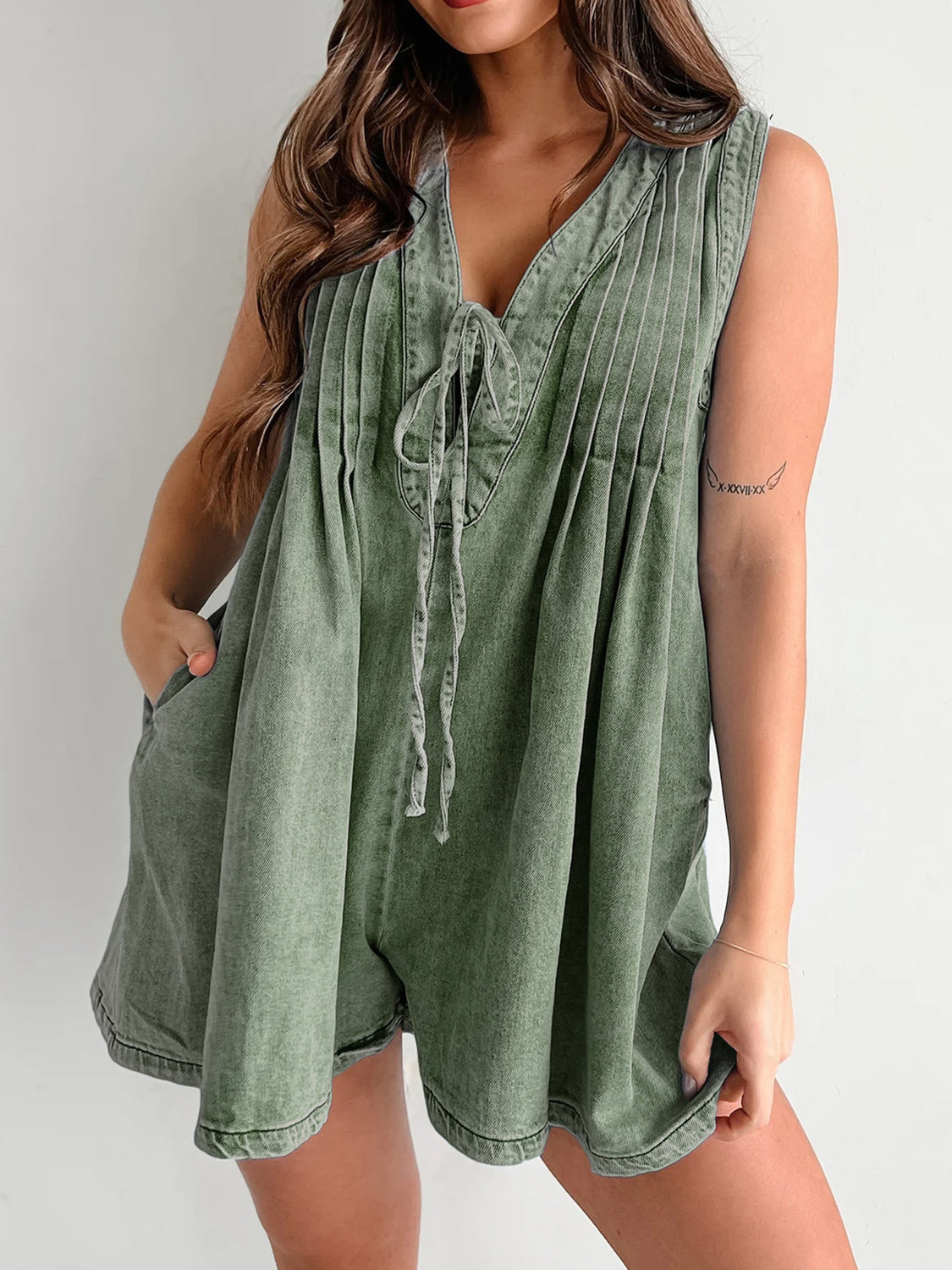 Tied Romper with Pockets Moss