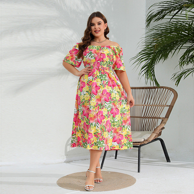 Plus Size Western off Neck Dress Elegant Floral Midi Dress Tight Waist Dress Pink
