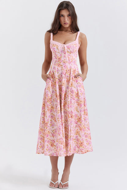 Spring Summer Women Printed Cami Dress Sexy Backless Slit Mid Length Dress for Women Orange Printing