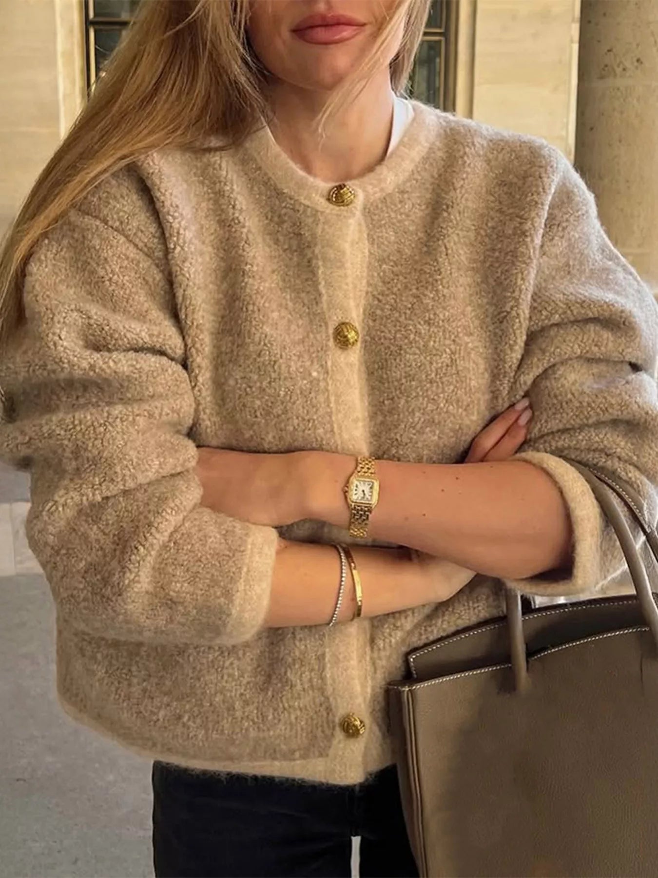 Textured Knit Cardigan with Gold Buttons Apricot