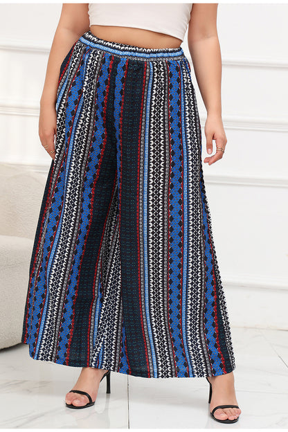 Wide Leg Pants Bohemian Striped Blue Elastic Waist Pants Seaside Vacation Beach Pants Striped Blue