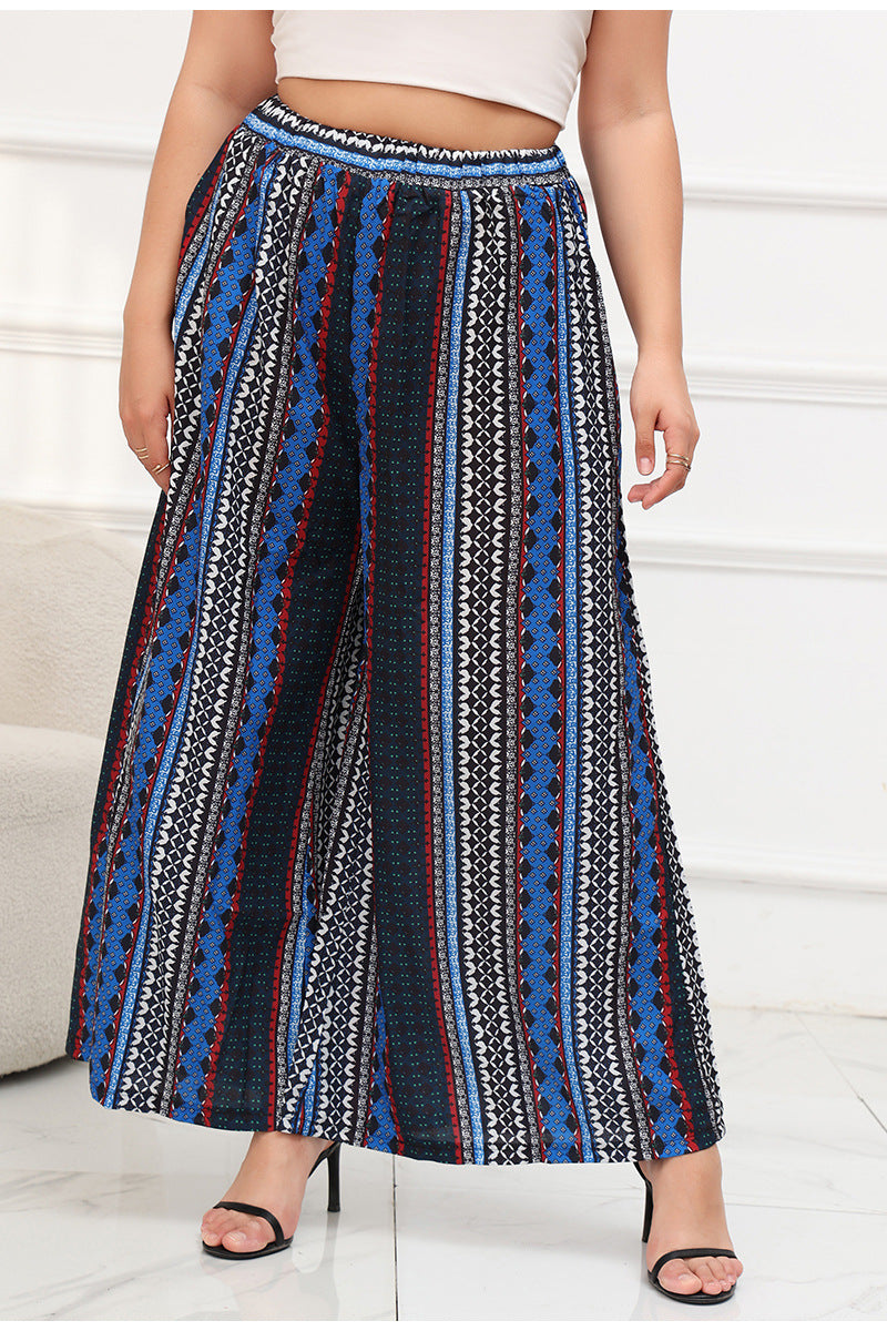 Wide Leg Pants Bohemian Striped Blue Elastic Waist Pants Seaside Vacation Beach Pants Striped Blue