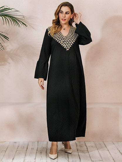 Plus Size Middle East Muslim Autumn Winter Long Sleeve Flared Sleeves Robe Dress V neck Embroidery Black
