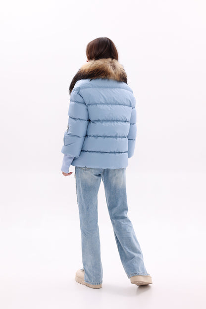 Genuine Fur Trim Down Fill Coat in Blue
