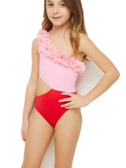 Cutout One Shoulder Contrast Parent-Child Swimwear