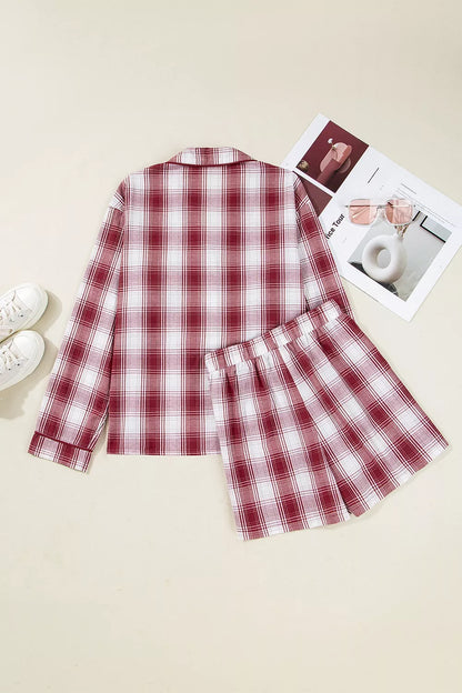 Plaid Long Sleeve Shirt and Drawstring Shorts Lounge Set